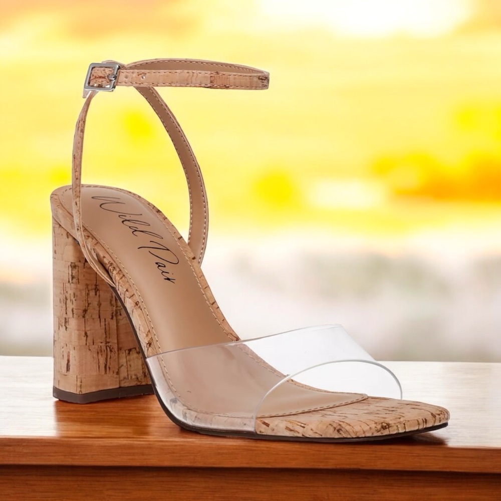 Wild Pair Cork Clear Ankle Strap  Heel Size 8 Nataliah Two-Piece Dress Sandal